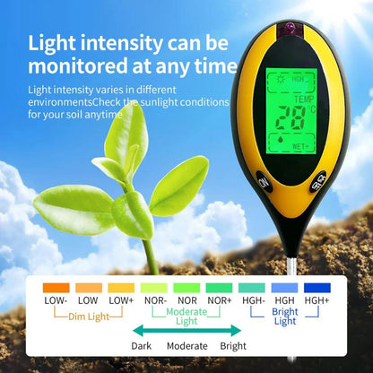 Hygromètre de sol avec écran LCD, sonde en métal et plante verte sur un fond de terre brune