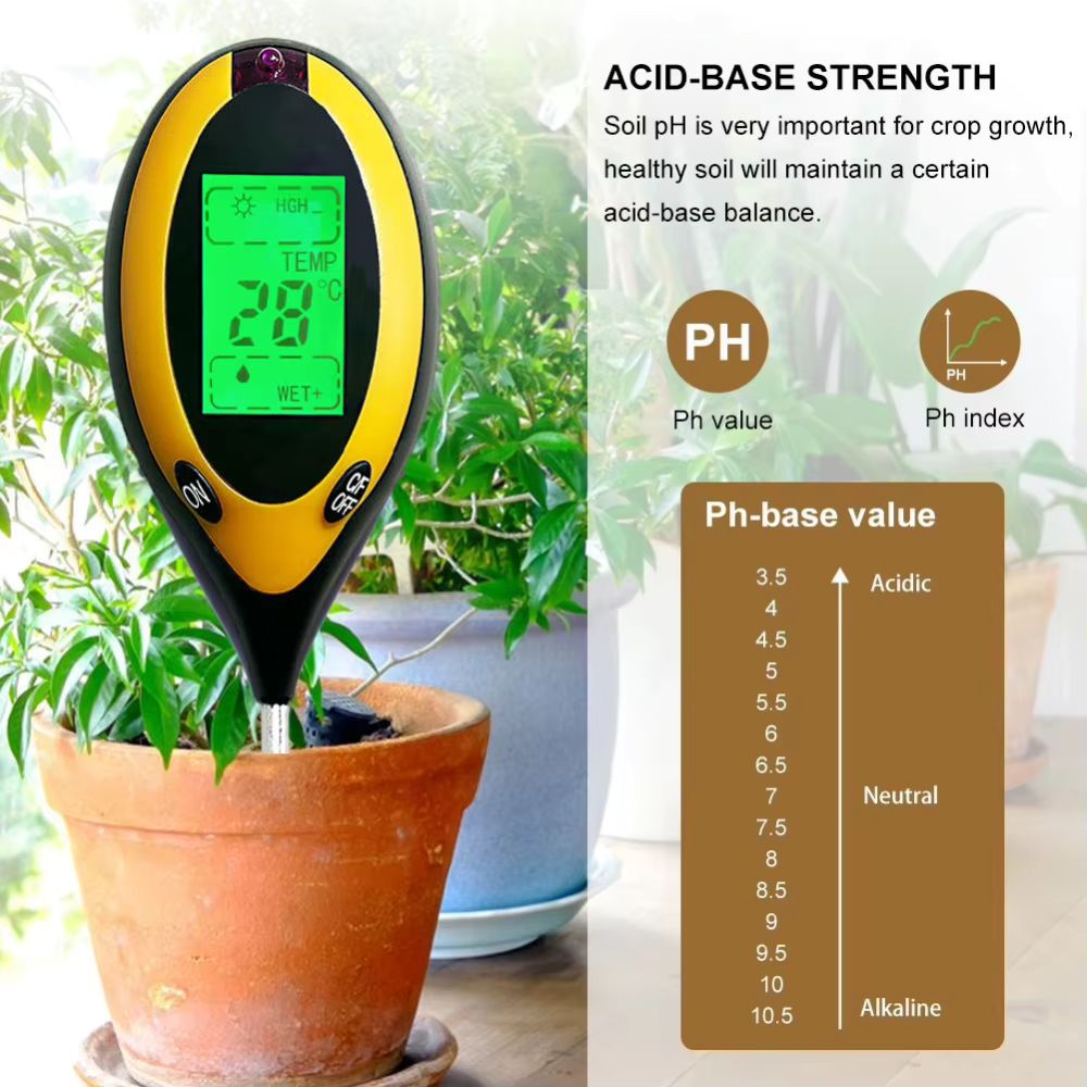 Hygromètre de sol noir et jaune avec écran LCD, inséré dans un pot de plante verte