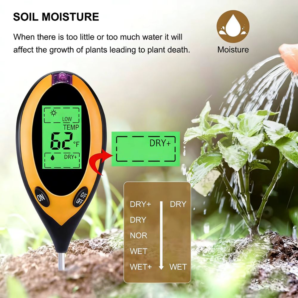 Hygromètre de sol avec écran LCD, affichant des indicateurs de température et d'humidité près de plantes vertes