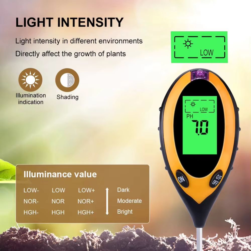 Appareil de mesure avec écran LCD, boutons de contrôle, et sonde insérée dans un sol brun