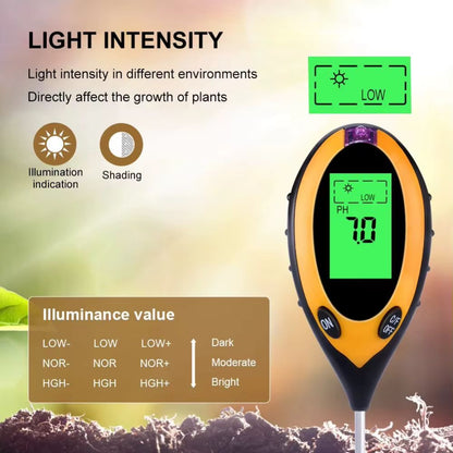 Appareil de mesure avec écran LCD, boutons de contrôle, et sonde insérée dans un sol brun