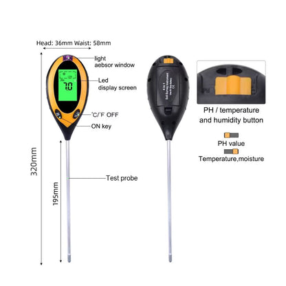 Hygromètre de sol avec écran LCD, sonde métallique, boutons de contrôle et couleur noire et orange