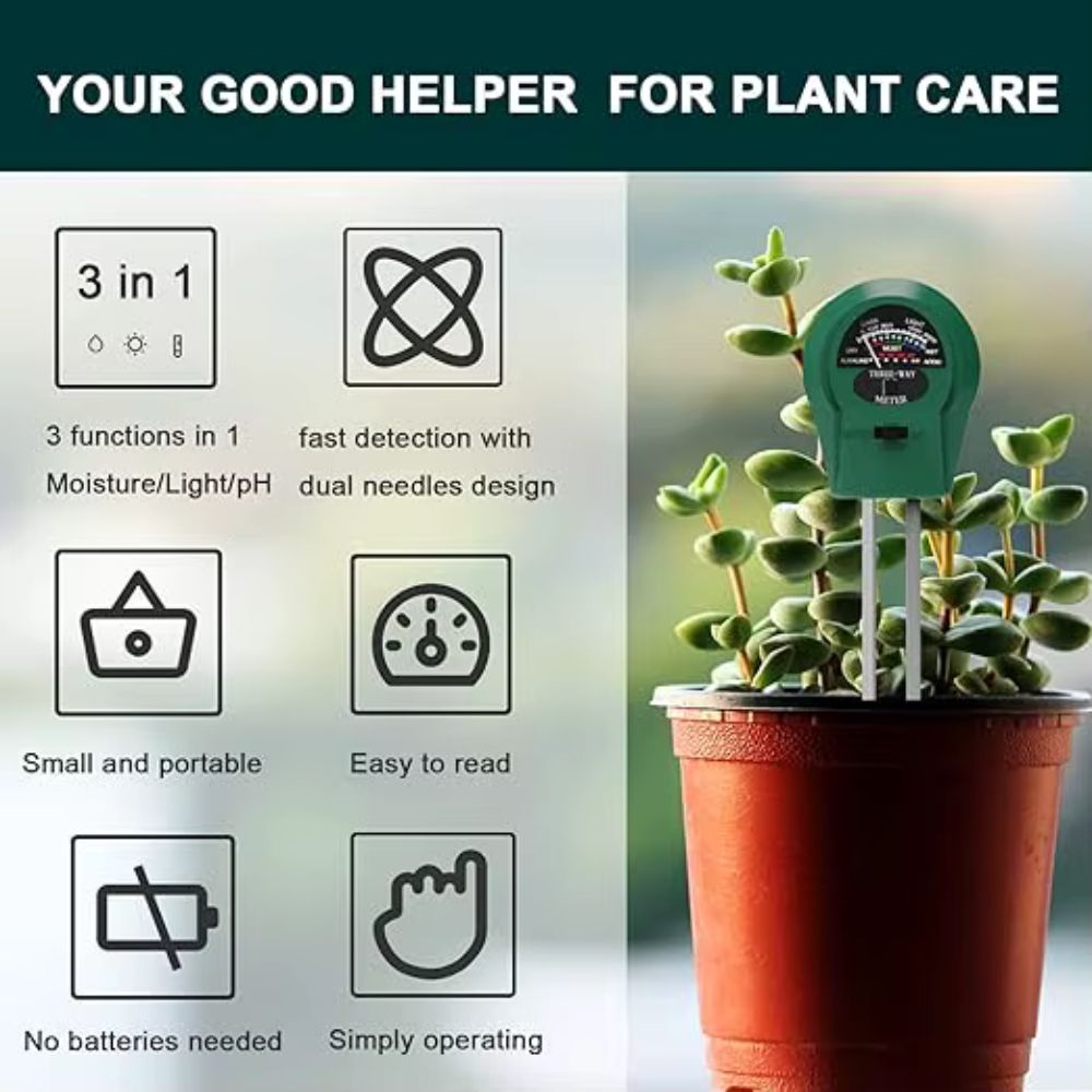 Hygromètre vert avec deux aiguilles planté dans un pot de terreau avec une plante verte