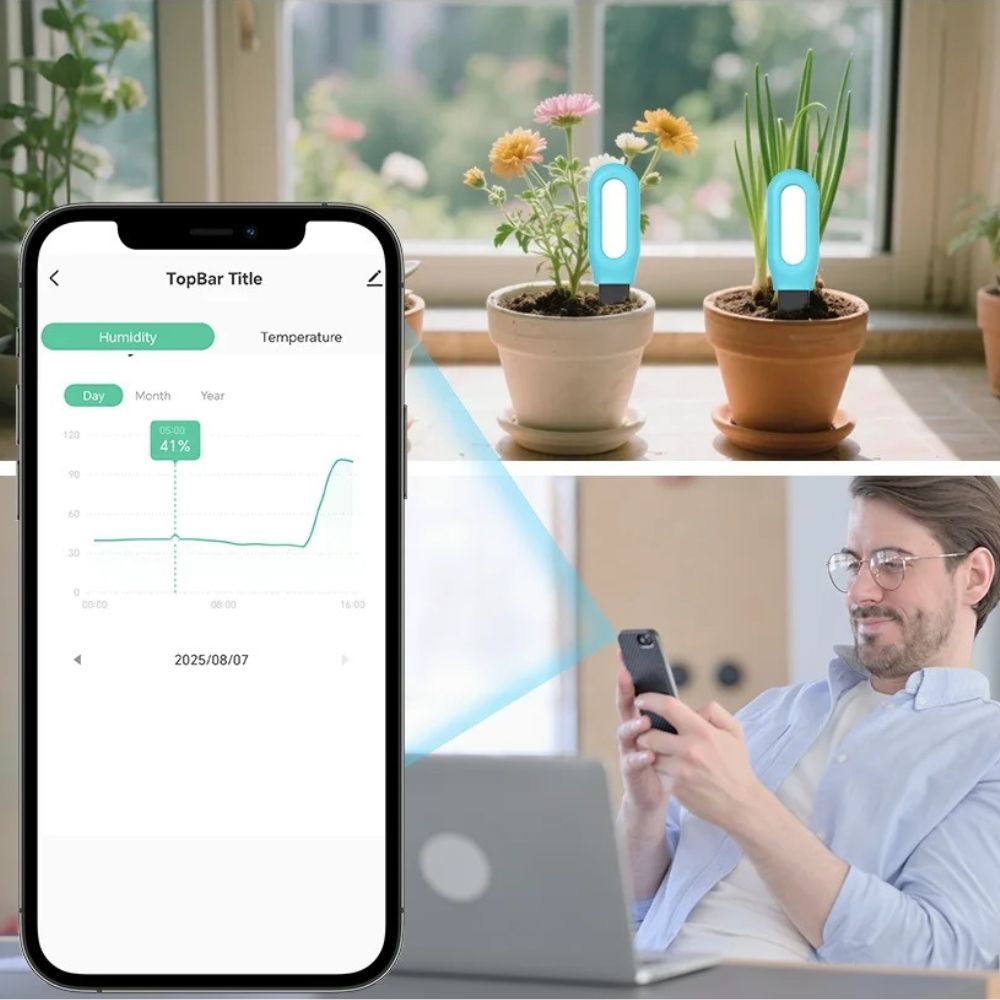 Un capteur bleu et blanc sur un pot de plante, avec un graphique sur un écran de smartphone