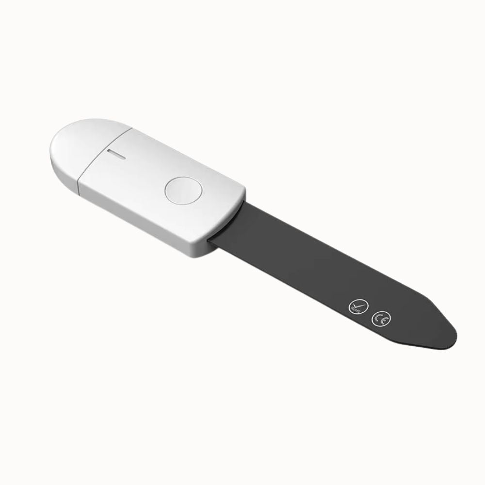 Hygromètre pour plantes avec un design moderne, couleur blanche et noire, forme allongée et boutons tactiles