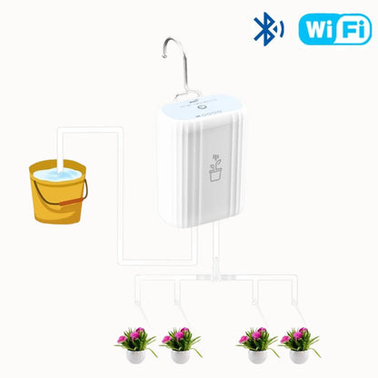 Système d'arrosage automatique avec un réservoir et quatre pots de plantes connectés WiFi