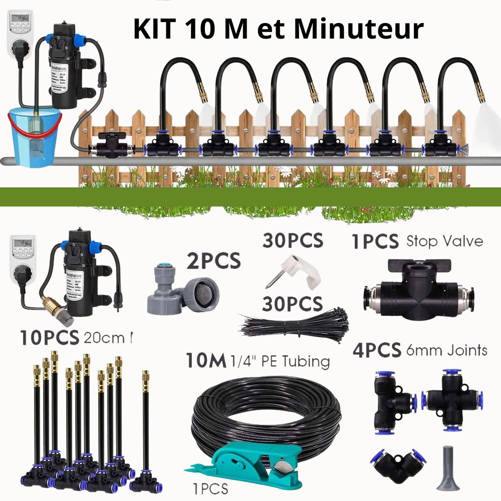 Système de brumisation avec tuyaux noirs, réservoir bleu et divers accessoires en plastique sur fond blanc