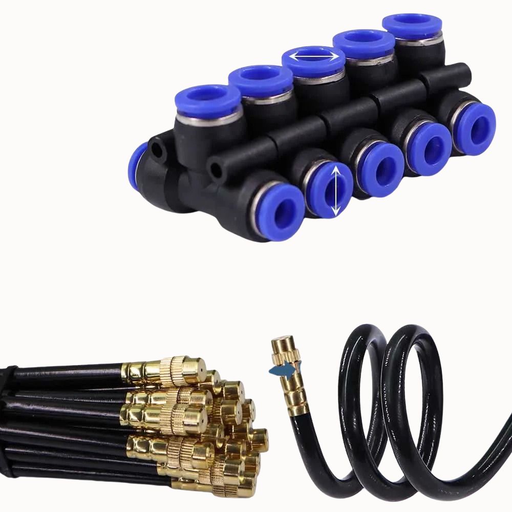 Raccords en plastique noir avec joints bleus et tuyaux flexibles dorés pour brumisation de jardin