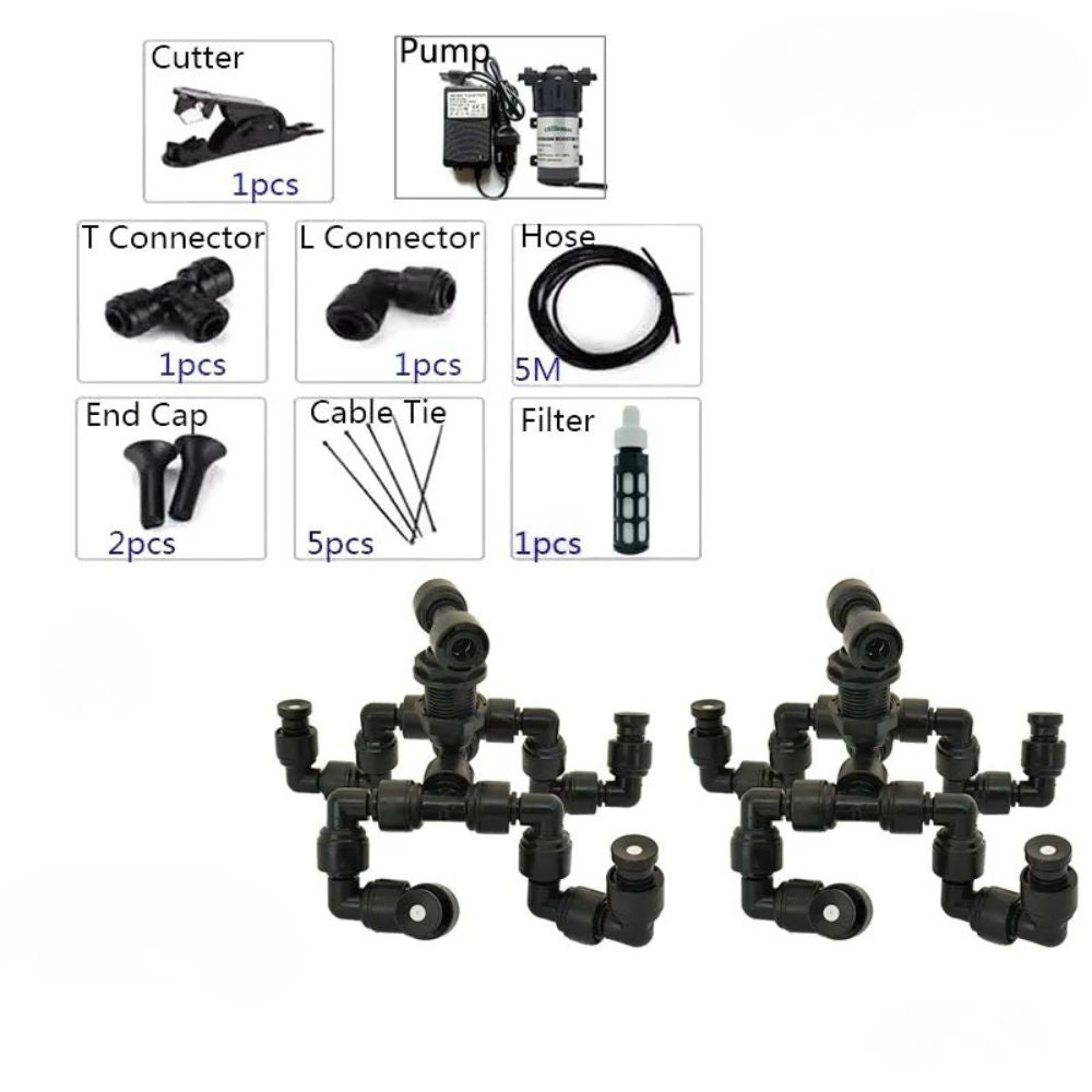 Kit brumisation 220V avec pompe, têtes et buses orientables pour système de brumisation efficace