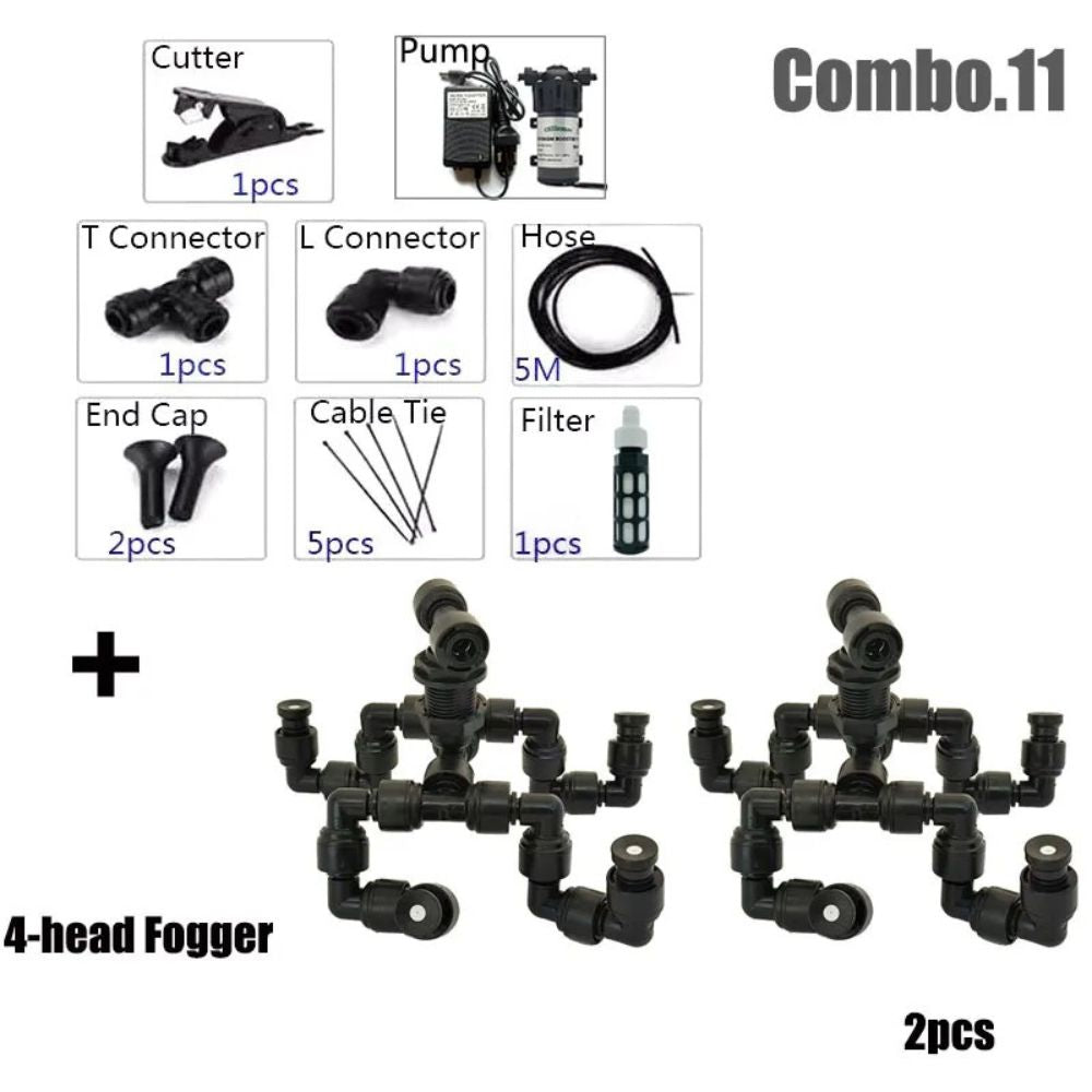Kit brumisation 220V avec pompe, deux têtes et quatre buses orientables pour brumisation efficace