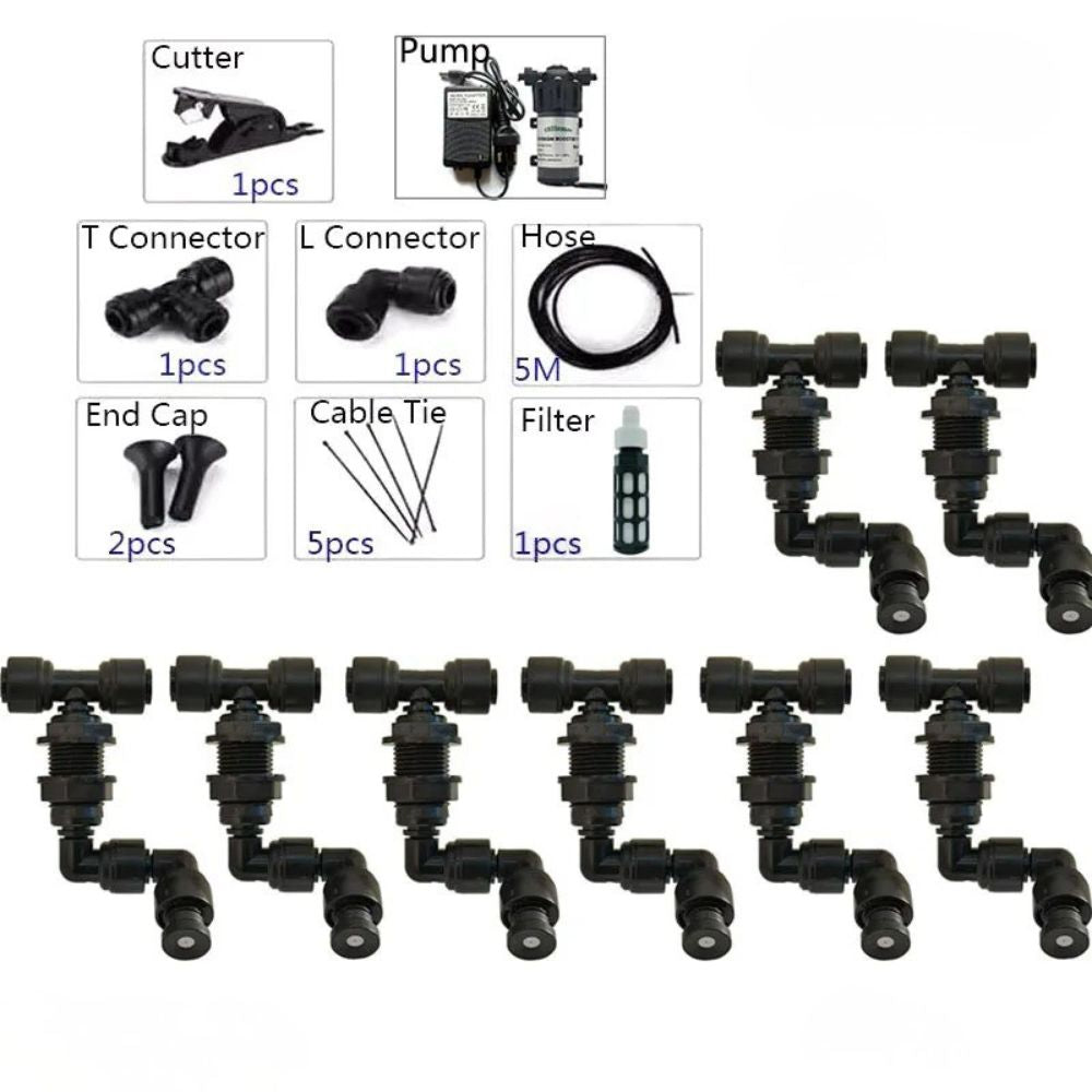 Kit brumisation 220V avec pompe, buses orientables, connecteurs et accessoires pour installation complète