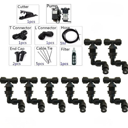 Kit brumisation 220V avec pompe, buses orientables, connecteurs et accessoires pour installation complète
