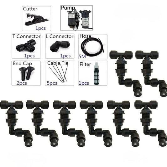 Kit brumisation 220V avec pompe, buses orientables, connecteurs et accessoires pour installation complète