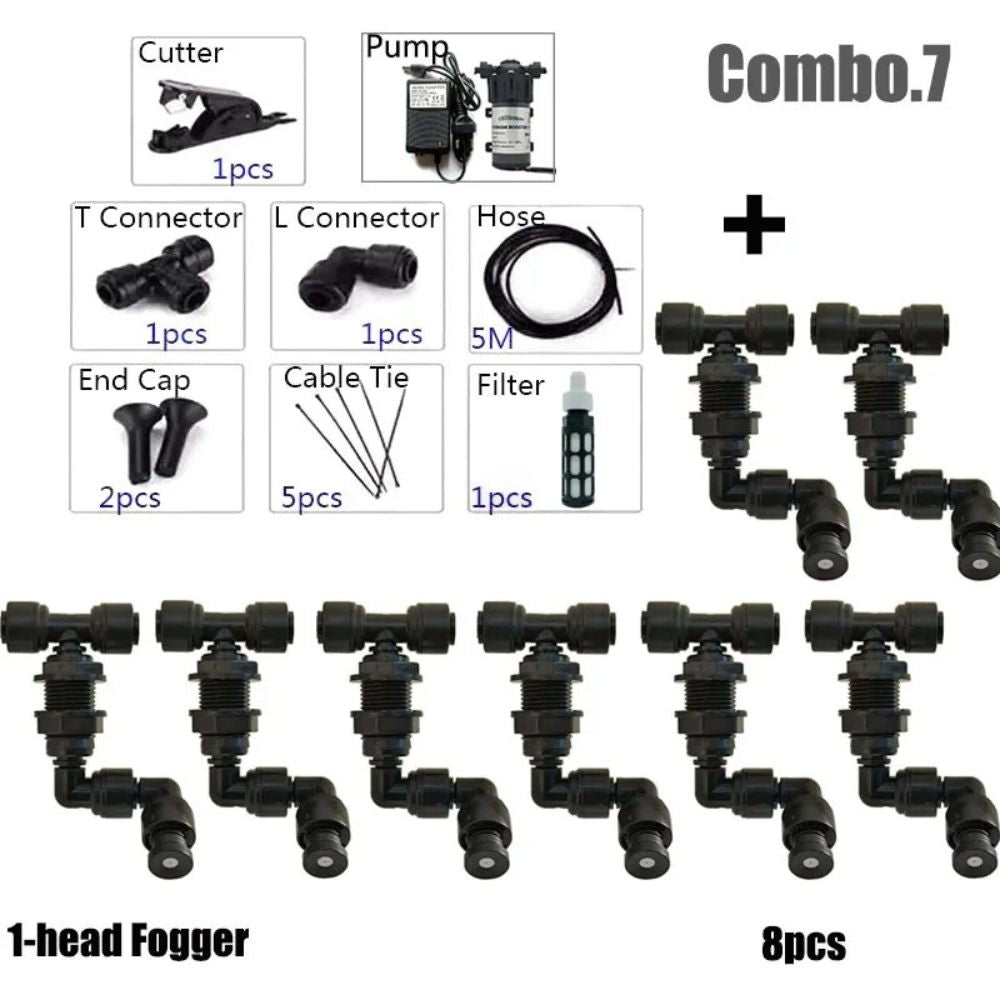 Kit brumisation 220V avec pompe, buses orientables, tuyaux et accessoires pour brumisation efficace
