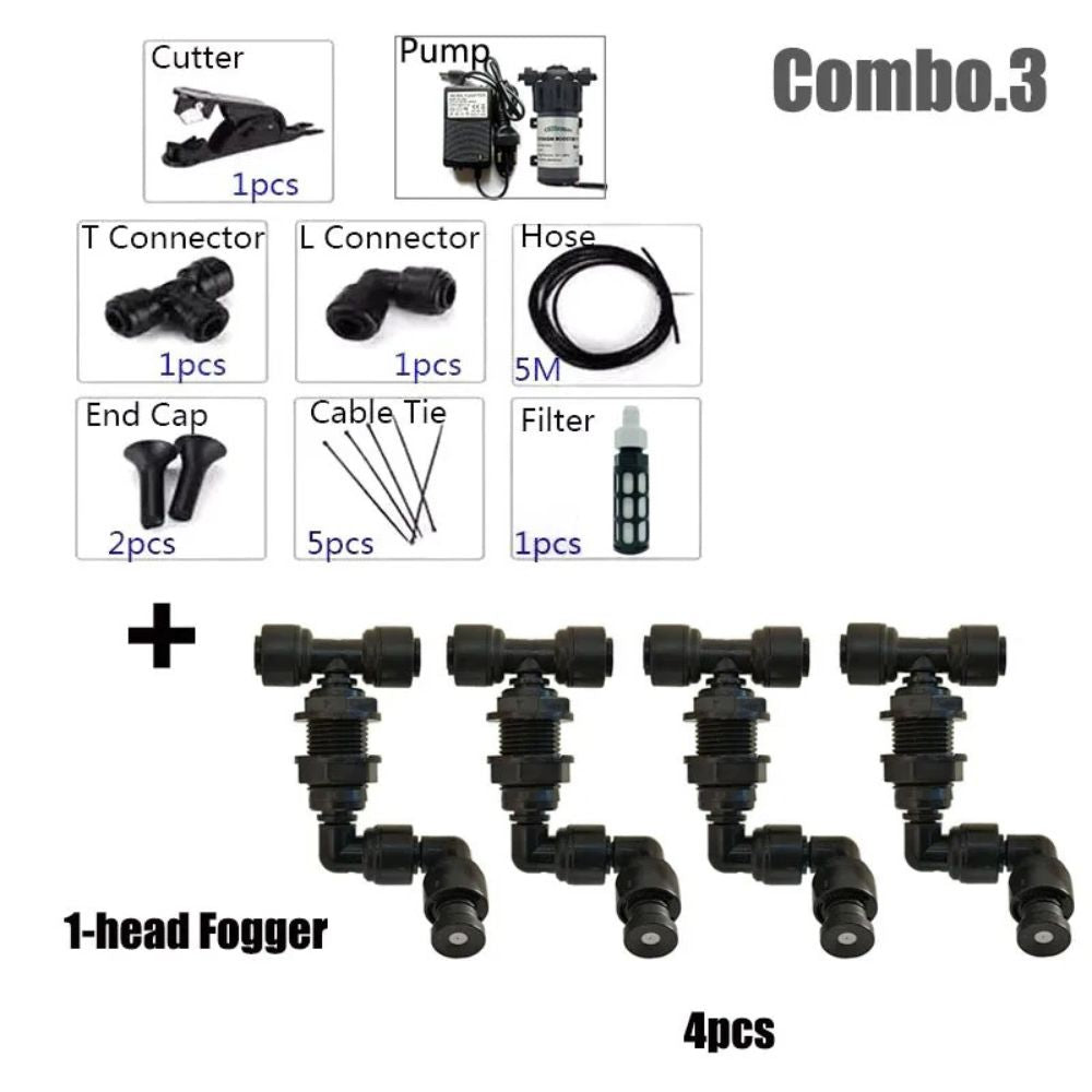Kit brumisation 220V avec pompe, buses orientables, tuyaux et accessoires pour brumisation efficace