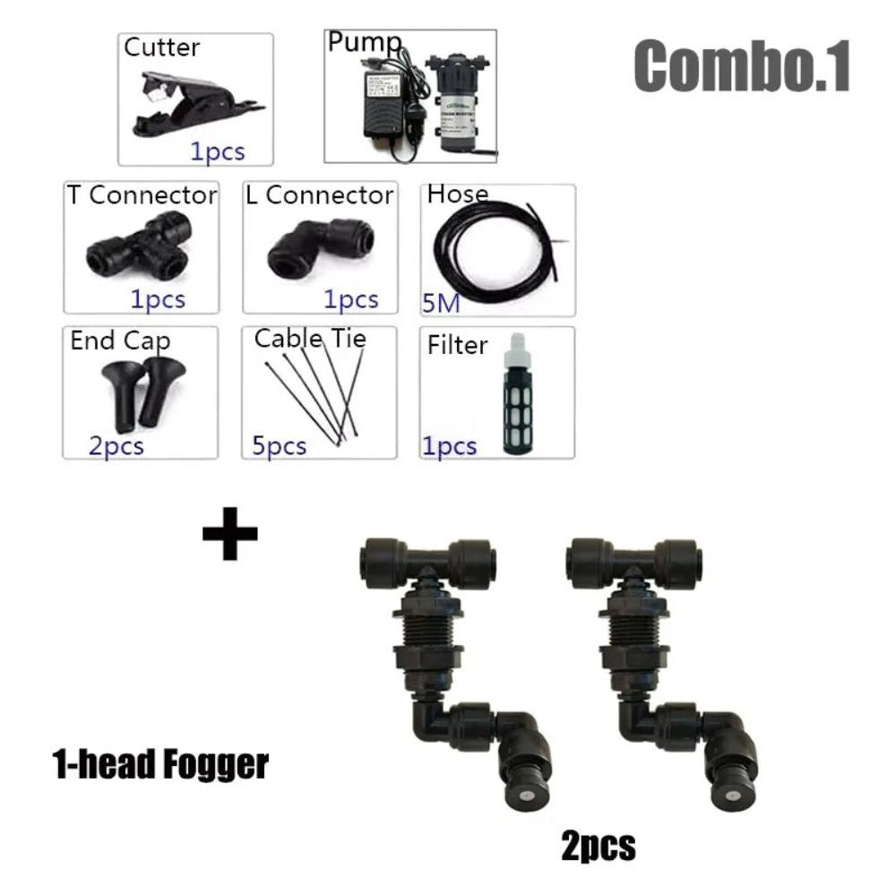 Kit brumisation 220V avec pompe, buses orientables, tuyau et accessoires pour brumisateur