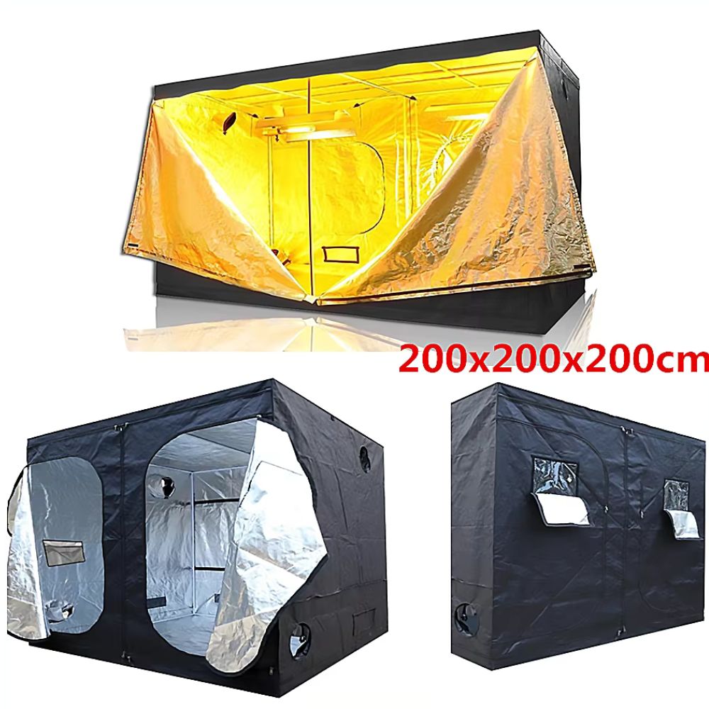 Tente de culture indoor noire avec fenêtres, intérieur réfléchissant et éclairage jaune visible