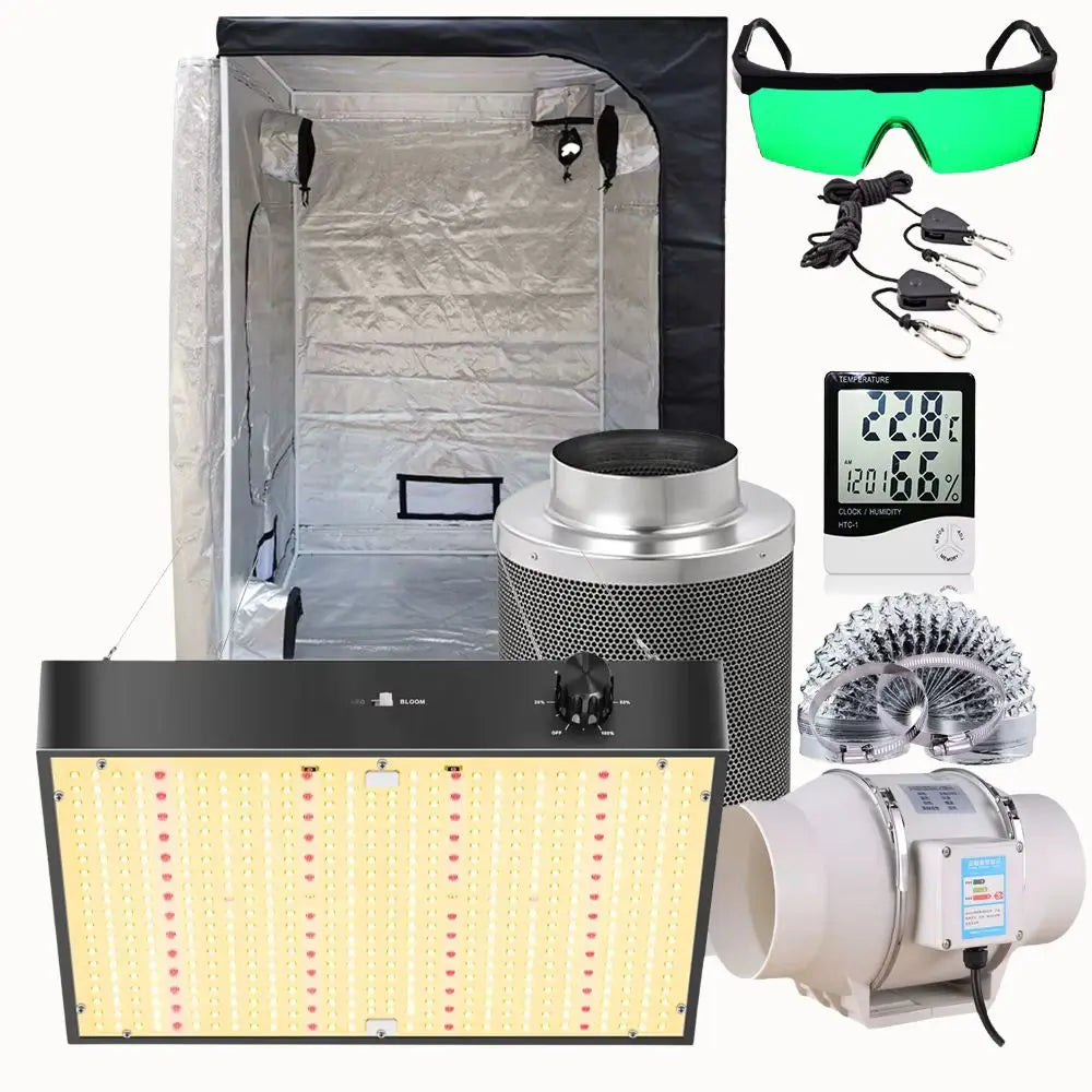 Tente de culture intérieure noire avec éclairage LED, ventilateur, filtre et accessoires visibles