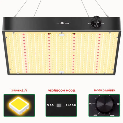 Lampe LED de culture avec un boîtier rectangulaire, couleurs violettes et rouges, grille de ventilation sur les côtés
