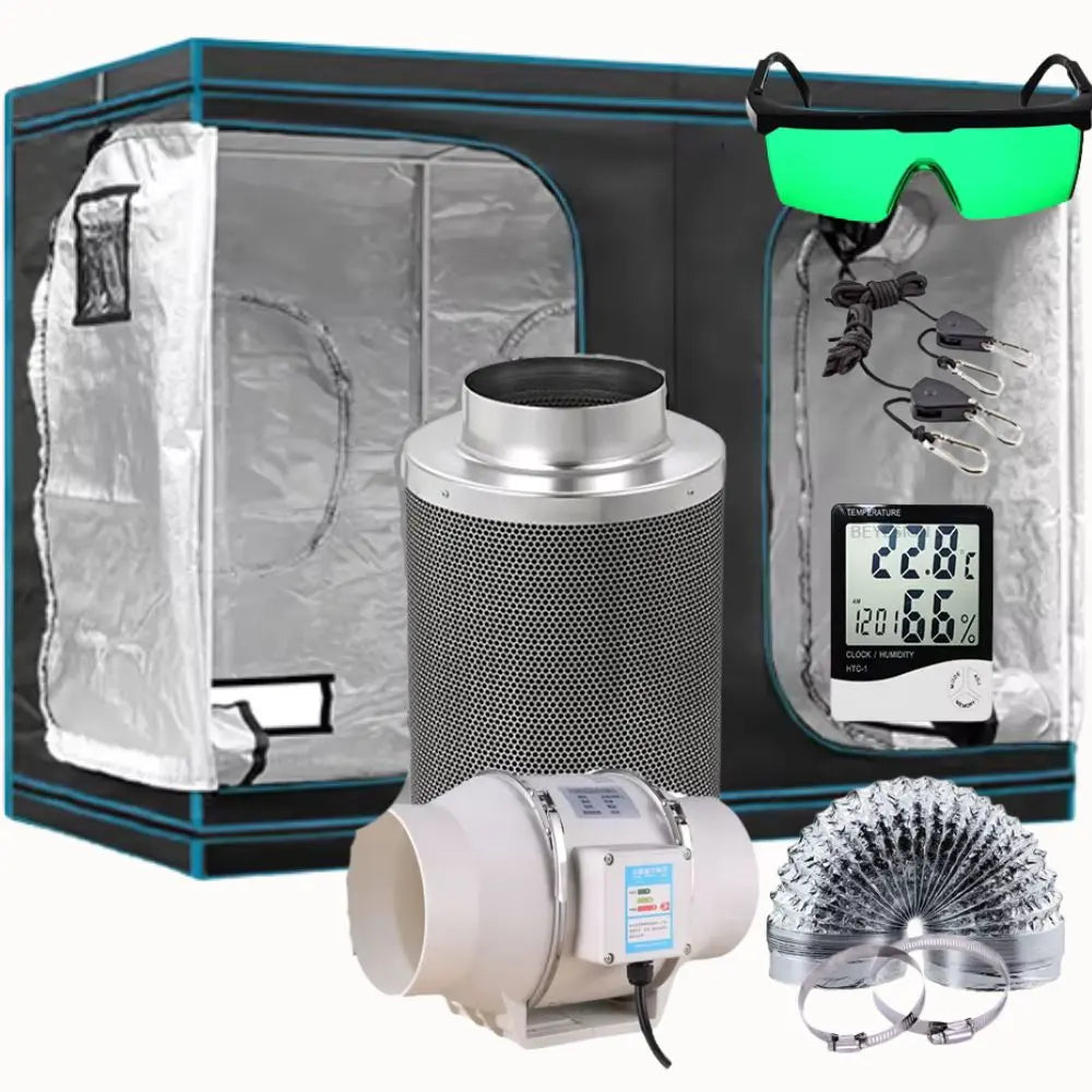 Chambre de culture XXL avec extracteur, lunettes de protection et accessoires visibles sur l'image