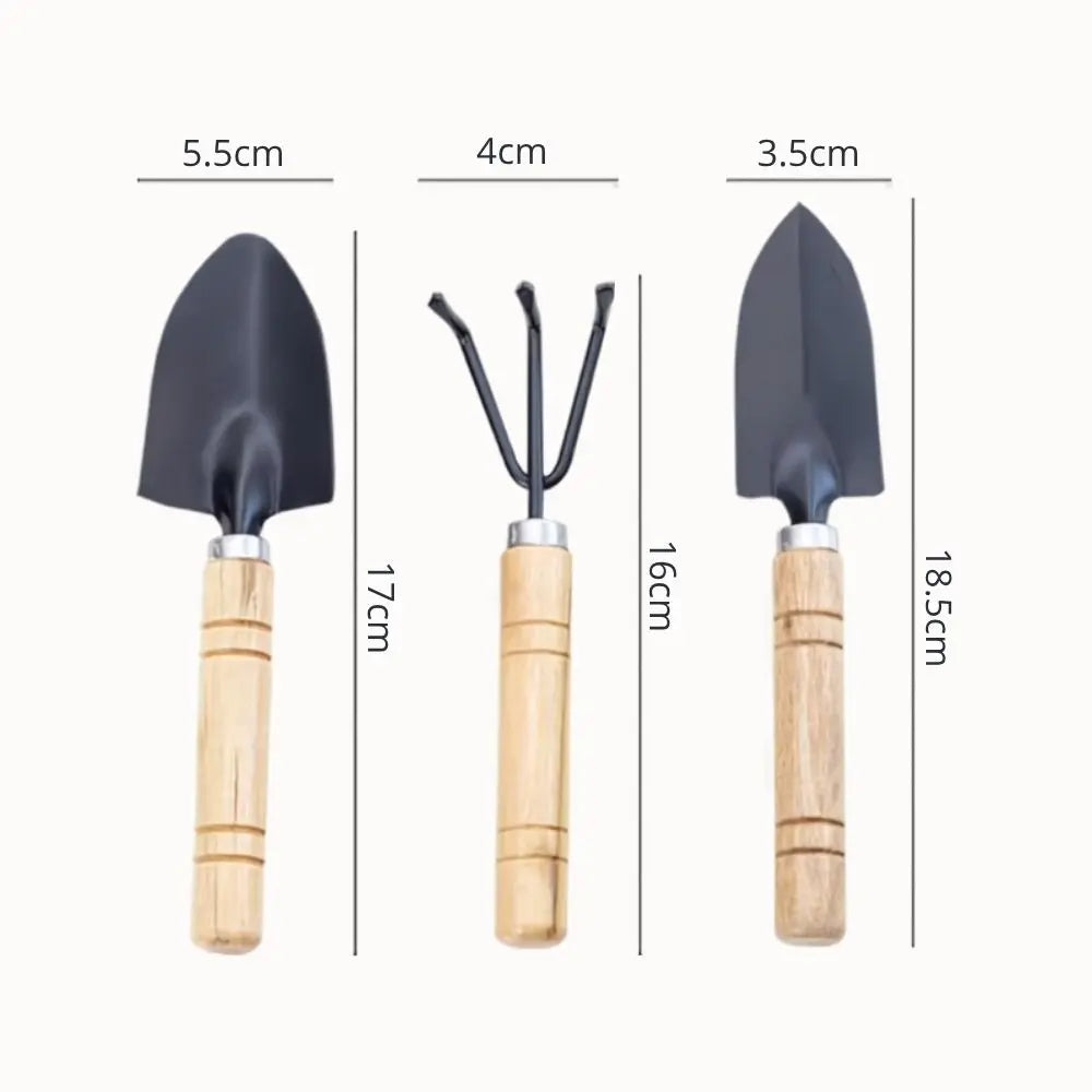 Trois outils de jardinage en métal noir avec des manches en bois, sur fond clair et uniforme