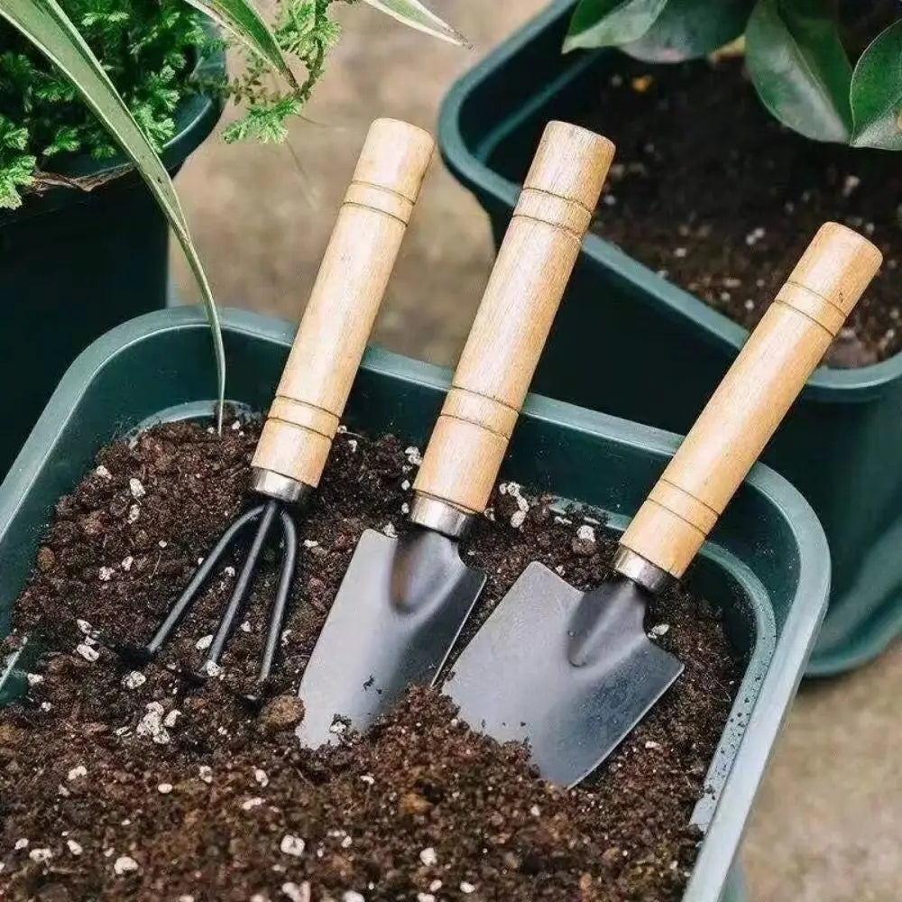 Trois outils de jardinage en bois et métal posés sur de la terre dans un pot vert