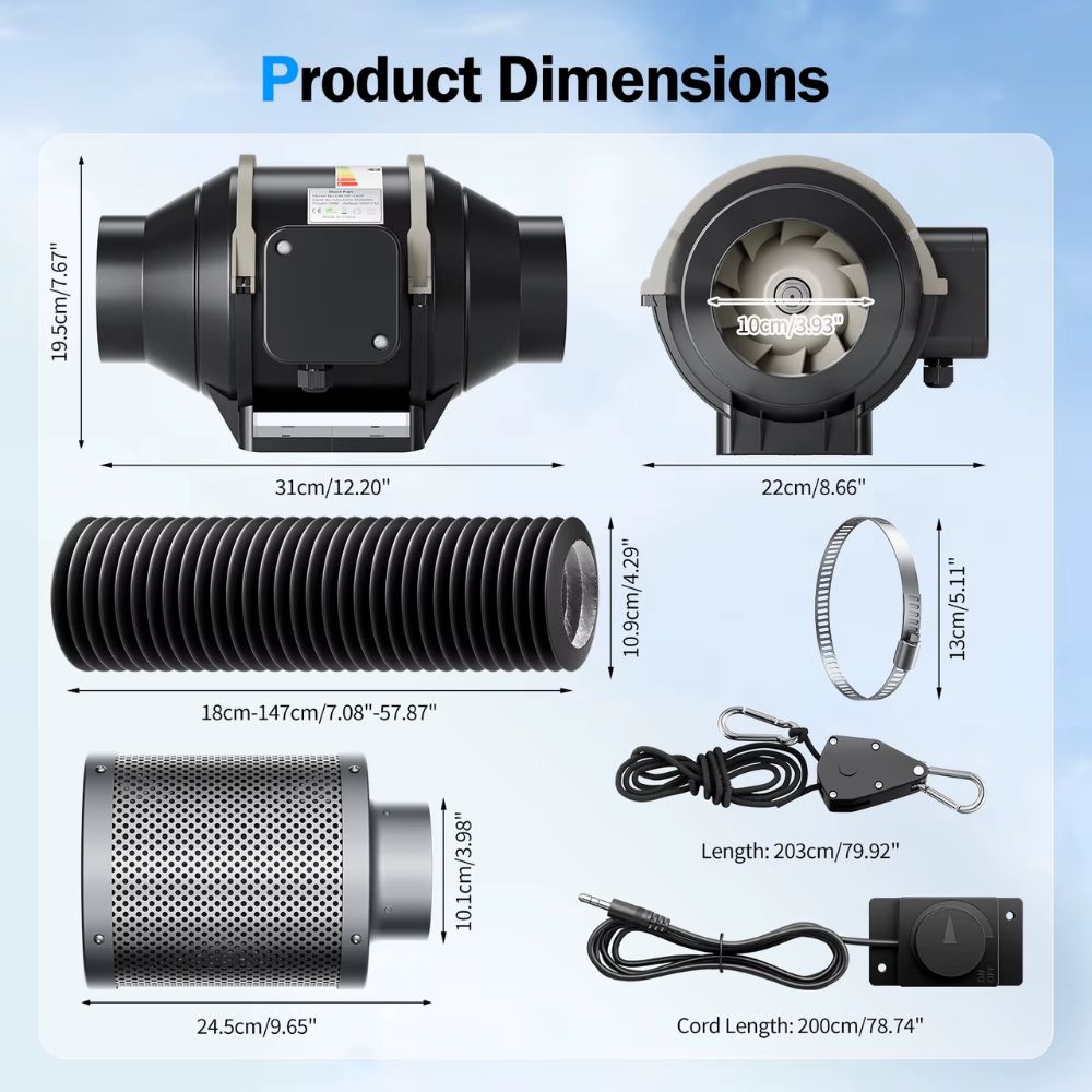 Extracteur d'air avec dimensions et accessoires pour kit de culture, incluant gaine et filtre