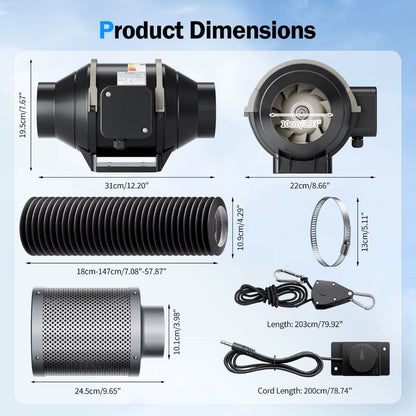 Extracteur d'air avec dimensions et accessoires pour kit de culture, incluant gaine et filtre