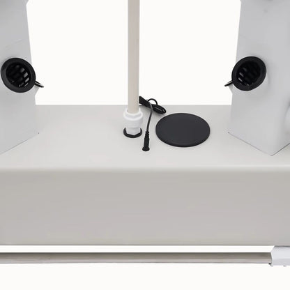 Système de culture vertical mobile avec réservoir blanc et deux compartiments ronds noirs