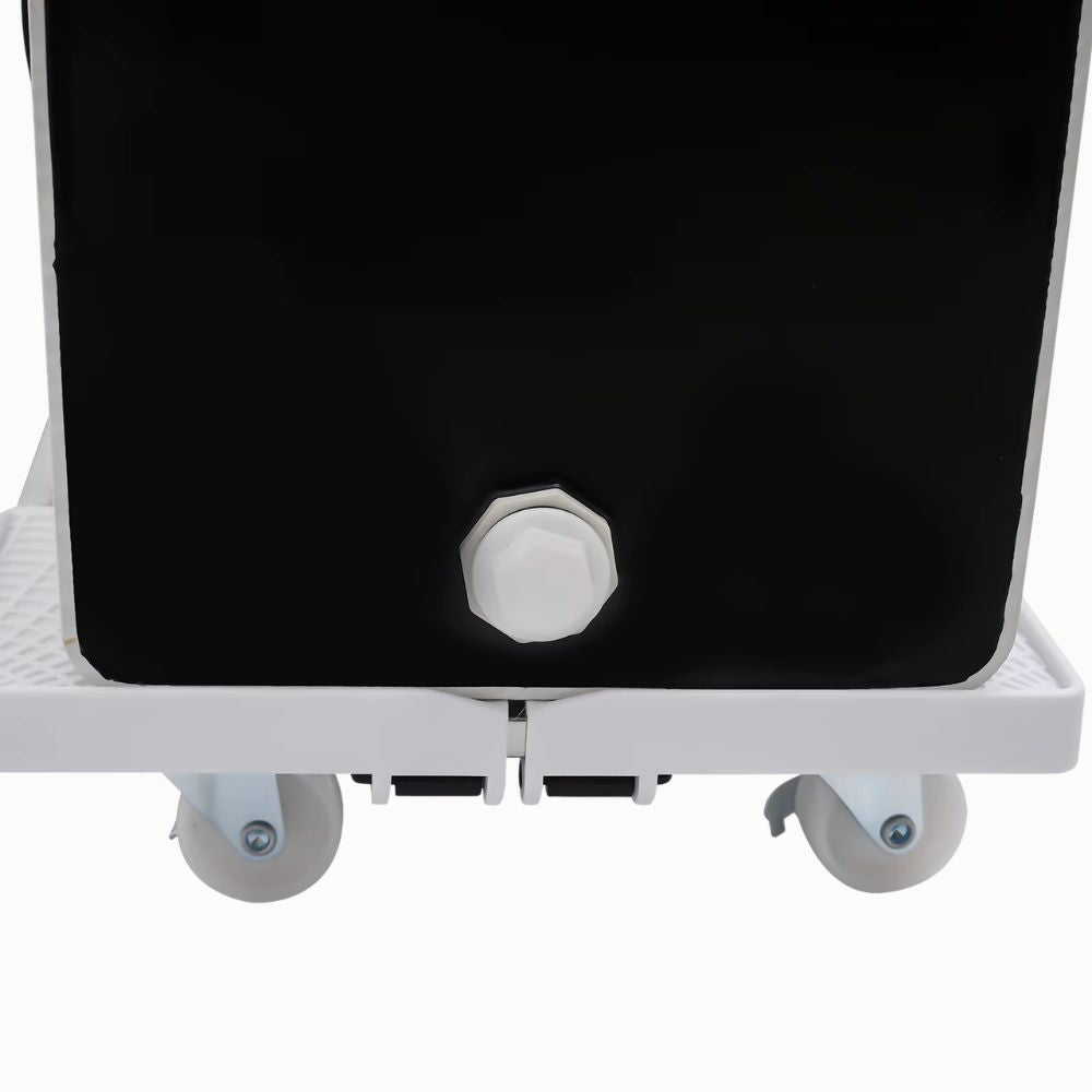 Système de culture vertical mobile sur roulettes avec réservoir noir et base blanche en plastique