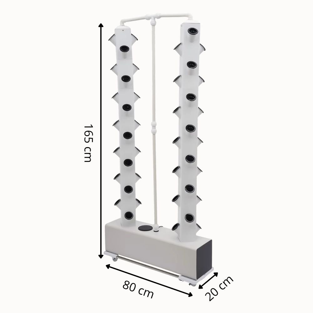 Système de culture vertical mobile avec plusieurs pots blancs et structure en plastique gris clair