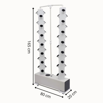 Système de culture vertical mobile avec plusieurs pots blancs et structure en plastique gris clair
