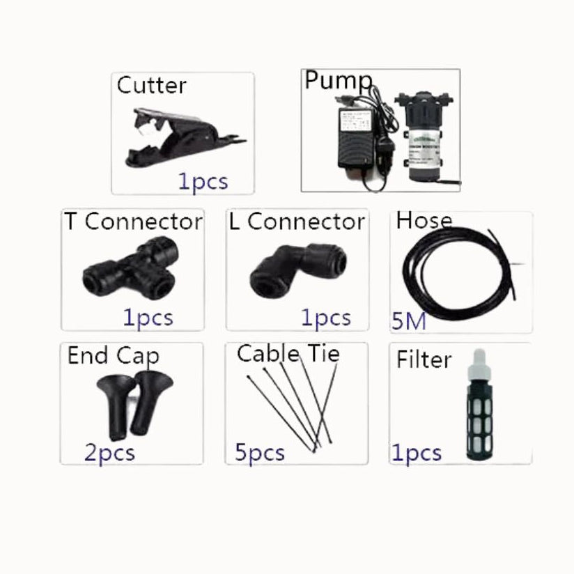 Kit pompe de brumisation 220V avec accessoires, incluant une pompe, tuyau et connecteurs