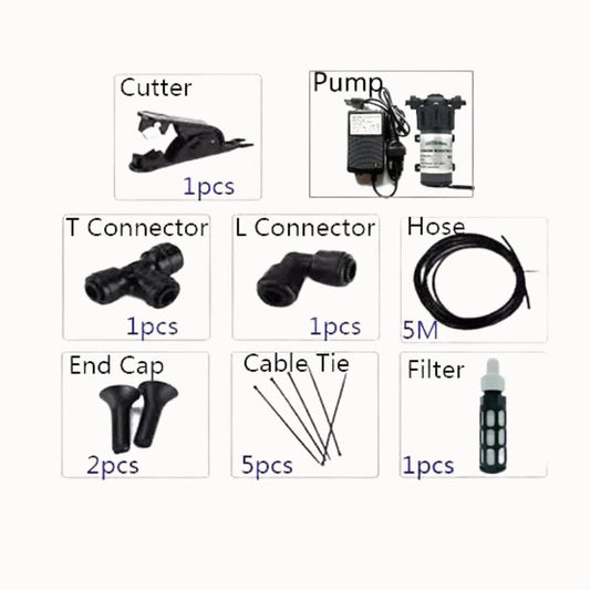 Kit pompe de brumisation 220V avec accessoires, incluant une pompe, tuyau et connecteurs