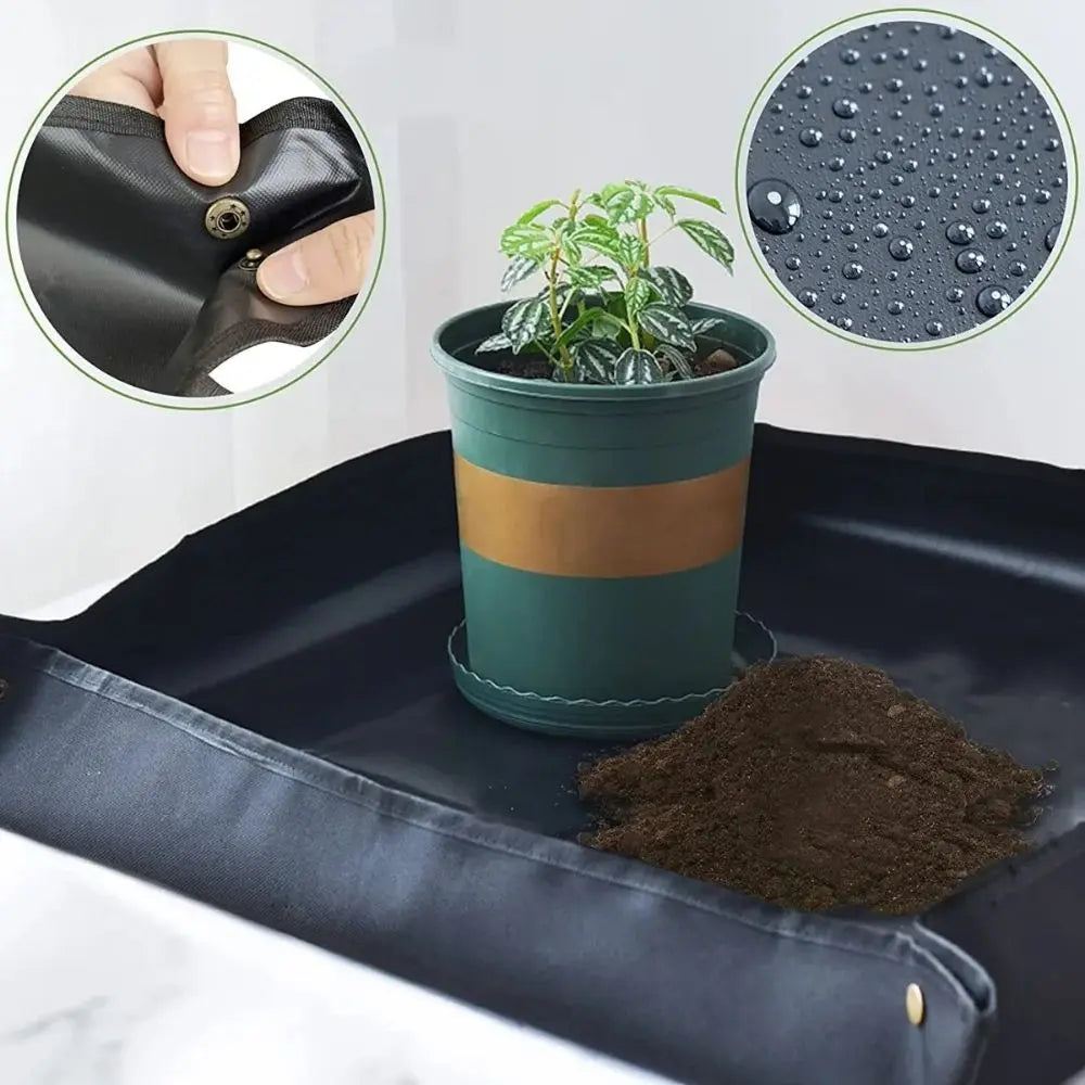 Tapis noir étanche avec un pot de plante verte et de la terre sur un fond lisse