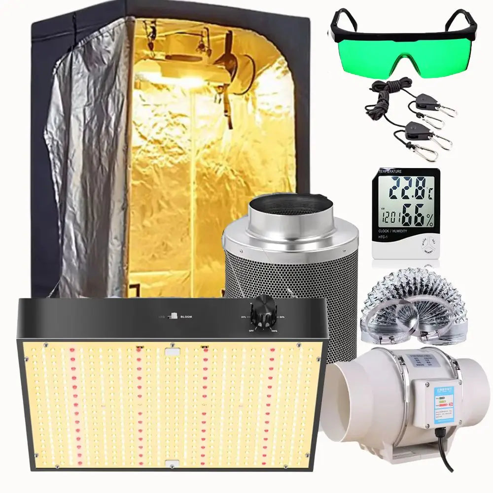 Kit tente culture indoor avec lampe Veg/Bloom, extracteur et accessoires de culture visibles