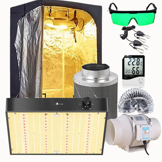 Kit tente culture indoor avec lampe Veg/Bloom, extracteur et accessoires de culture visibles