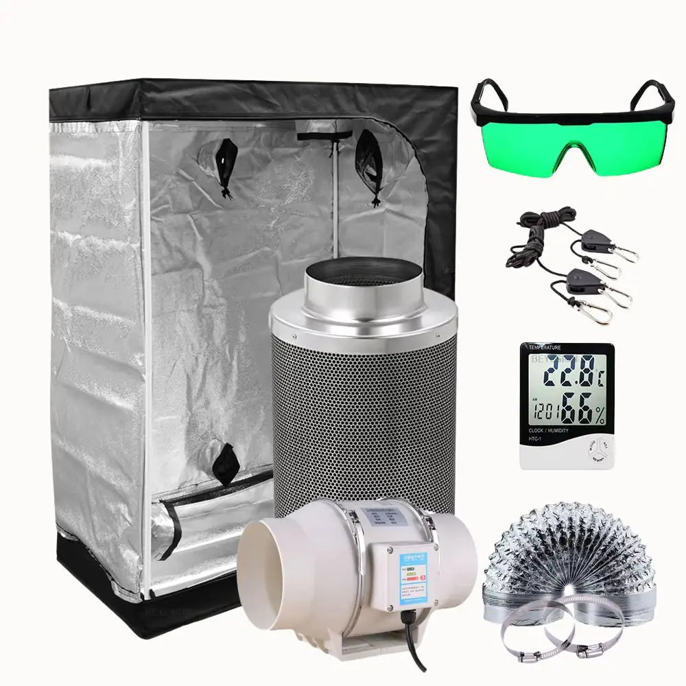 Tente de culture médium avec extracteur, lunettes de protection et accessoires de mesure visibles