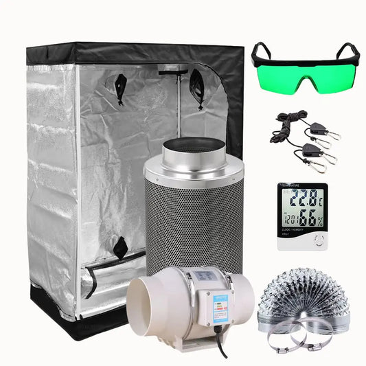 Tente de culture médium avec extracteur, lunettes de protection et accessoires de mesure visibles