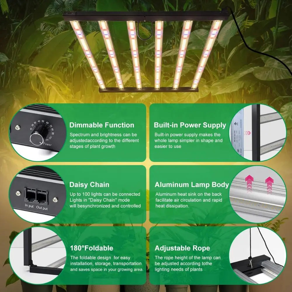 Panneau LED noir avec plusieurs barres lumineuses blanches sur fond de plantes vertes