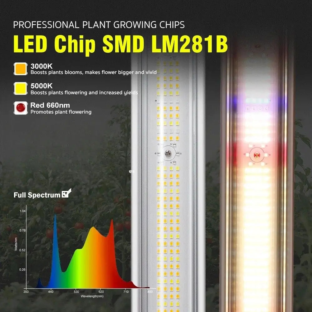Panneau LED avec barres lumineuses blanches et jaunes sur fond noir, affichant un spectre lumineux coloré