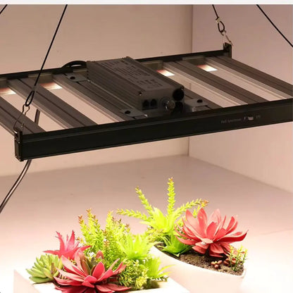 Panneau LED suspendu avec des plantes vertes et roses sur un fond blanc et des lignes métalliques