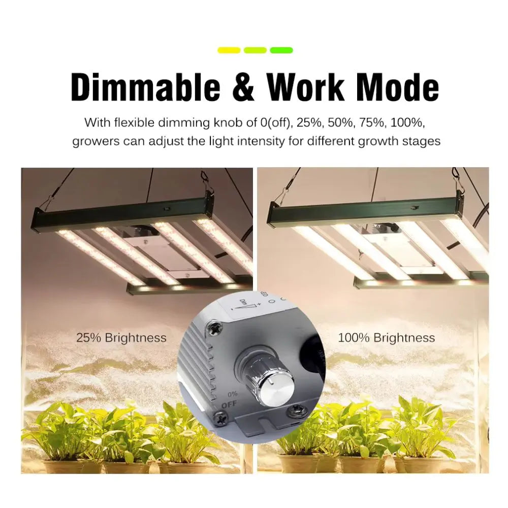 Panneau LED suspendu avec plusieurs tubes lumineux et un variateur de luminosité, entouré de plantes vertes