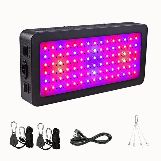Panneau LED rectangulaire noir avec lumières rouges et bleues, câbles et crochets en dessous