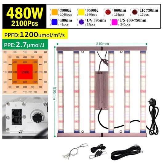 Lampe de croissance avec plusieurs LED rouges et bleues, structure métallique et câbles visibles sur un fond neutre