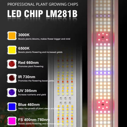 Lampe de croissance avec plusieurs LED de couleurs jaune, rouge, bleu et violet sur un fond sombre