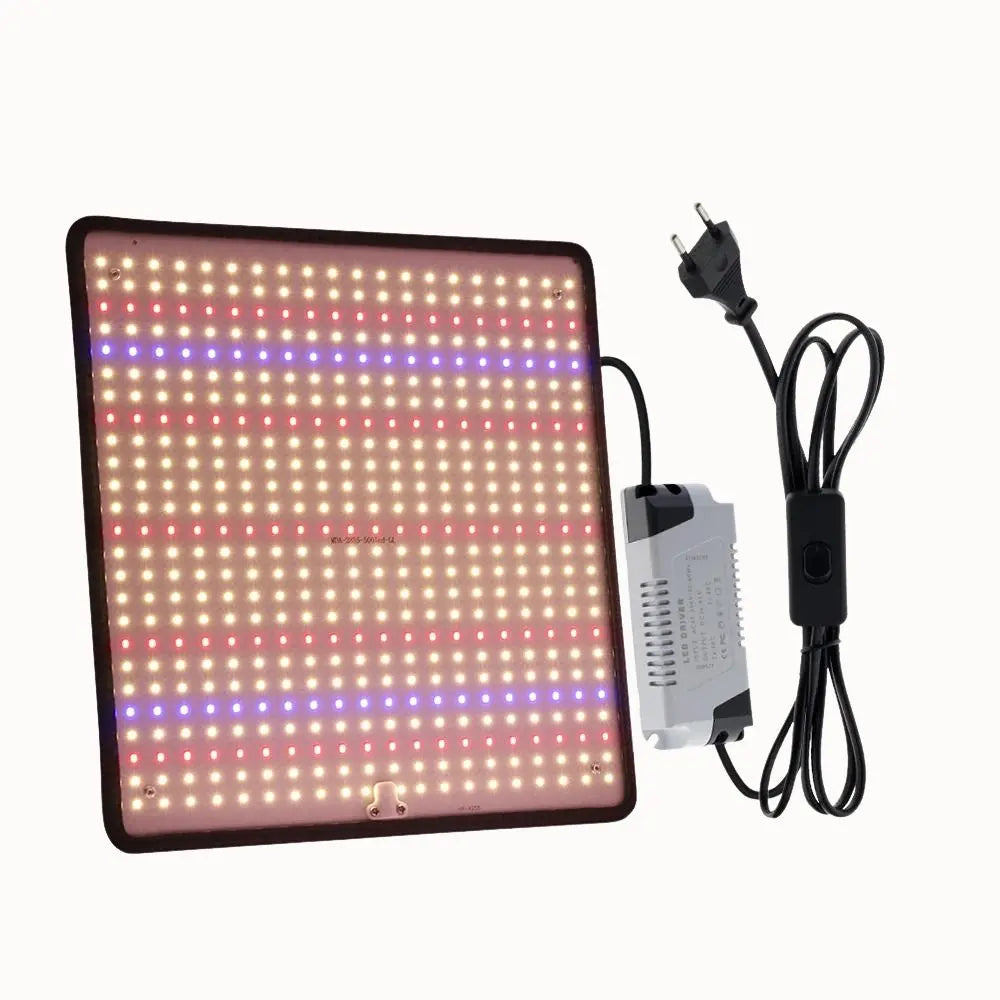 Panneau LED carré avec lumières rouges et bleues, câble d'alimentation et interrupteur visible