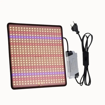 Panneau LED carré avec lumières rouges et bleues, câble d'alimentation et interrupteur visible