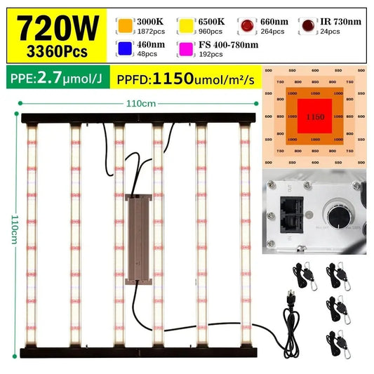 Lampe de croissance avec plusieurs tubes lumineux, couleurs variées, cadre noir et panneau de contrôle en haut à droite