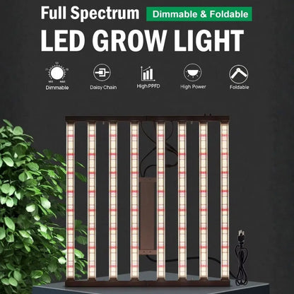 Lampe de croissance avec plusieurs barres lumineuses blanches et rouges, cadre noir et feuillage vert en arrière-plan